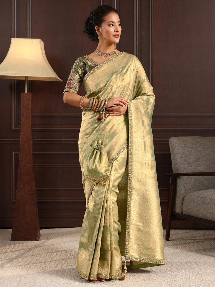 Libas Art Green Woven Design Silk Blend Saree with Potli Bag