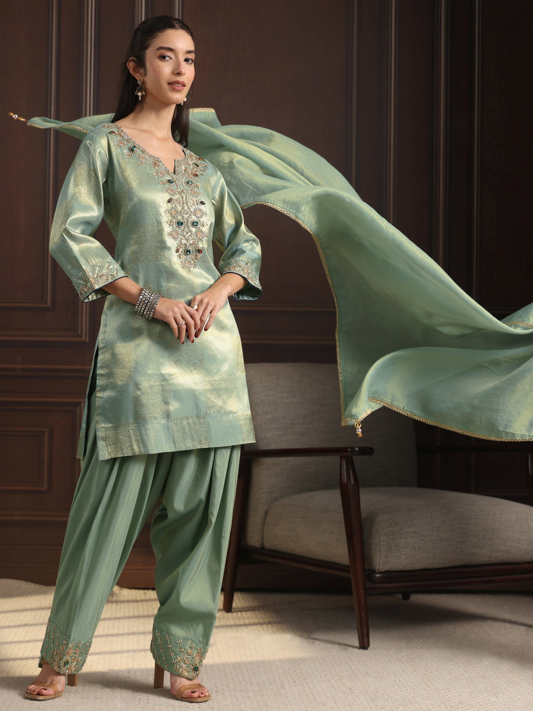 Libas Art Green Yoke Design Embellished Tissue Farshi Salwar Suit