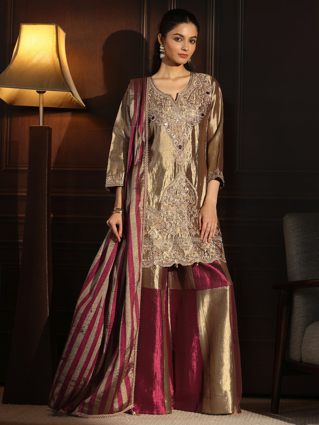 Libas Art Grey Floral Embroidered Silk Blend Palazzo Suit Set