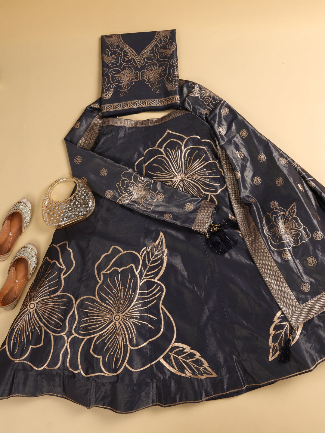 Libas Art Grey Floral Woven Design Silk Blend Semi-Stitched Lehenga Choli