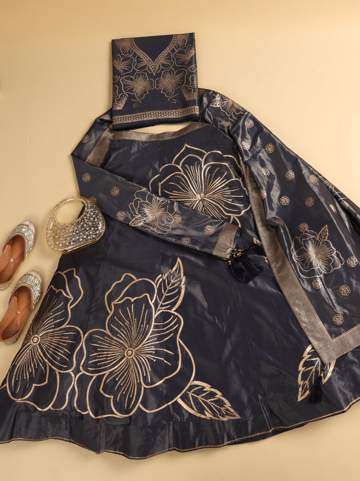 Libas Art Grey Floral Woven Design Silk Blend Semi-Stitched Lehenga Choli