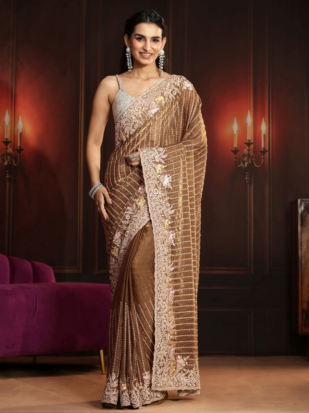 Libas Art Henna Green Embellished Tissue Saree