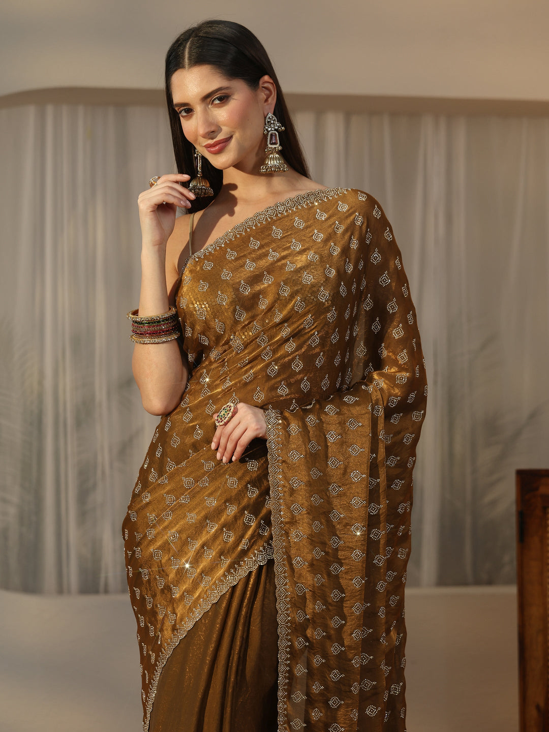 Libas Art Henna Green Embellished Tissue Saree
