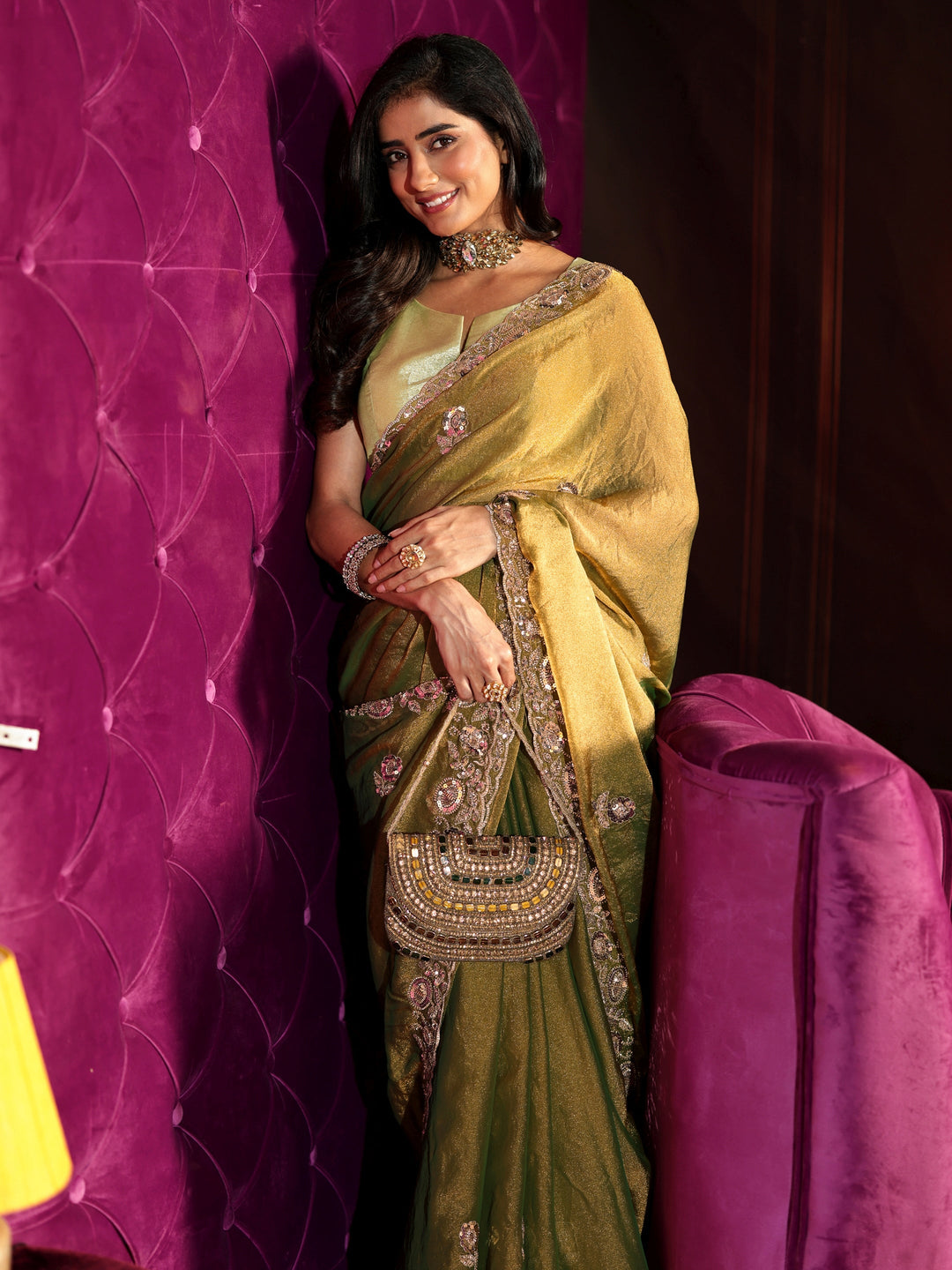 Libas Art Henna Green Floral Embellished Tissue Saree