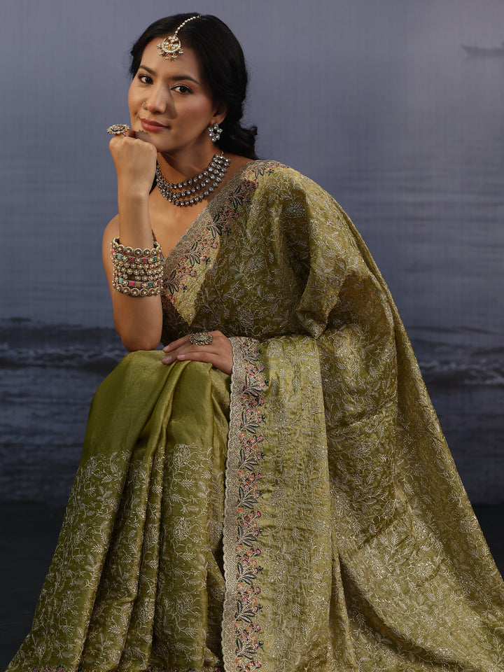 Libas Art Henna Green Floral Embroidered Stone Work Tissue Saree