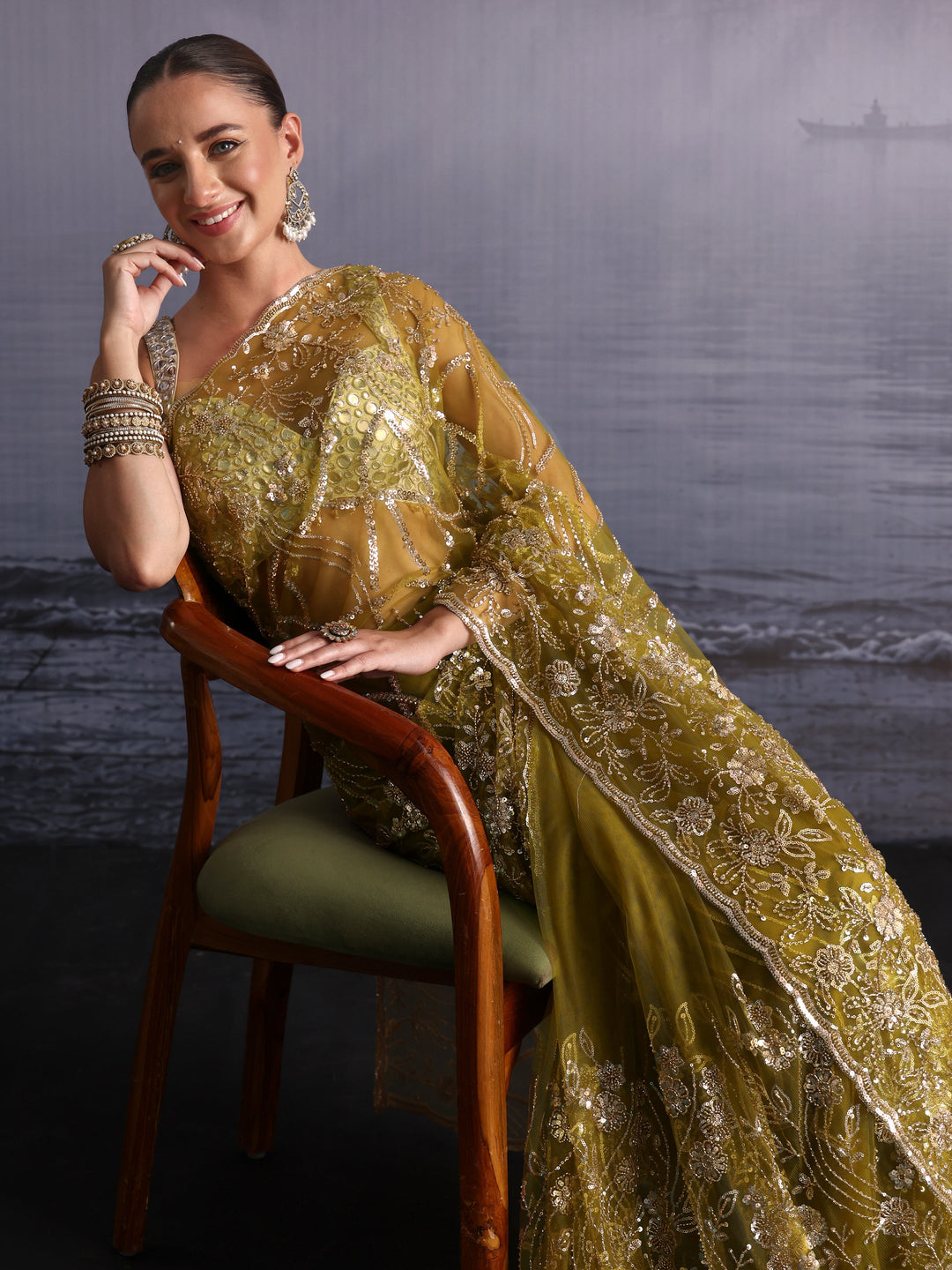 Libas Art Henna Green Sequin Embellished Net Saree