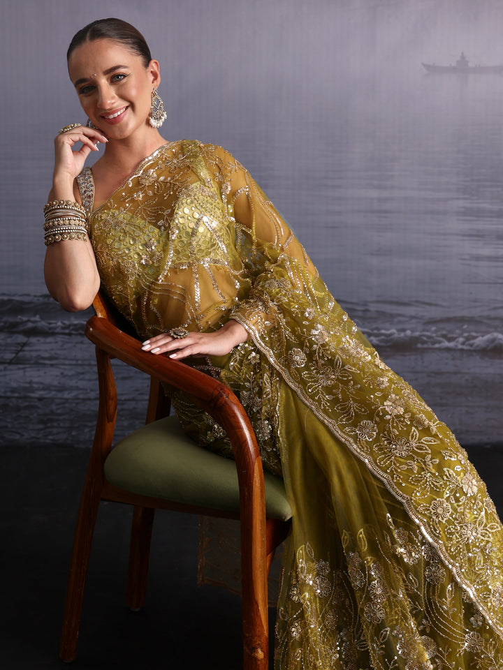 Libas Art Henna Green Sequin Embellished Net Saree