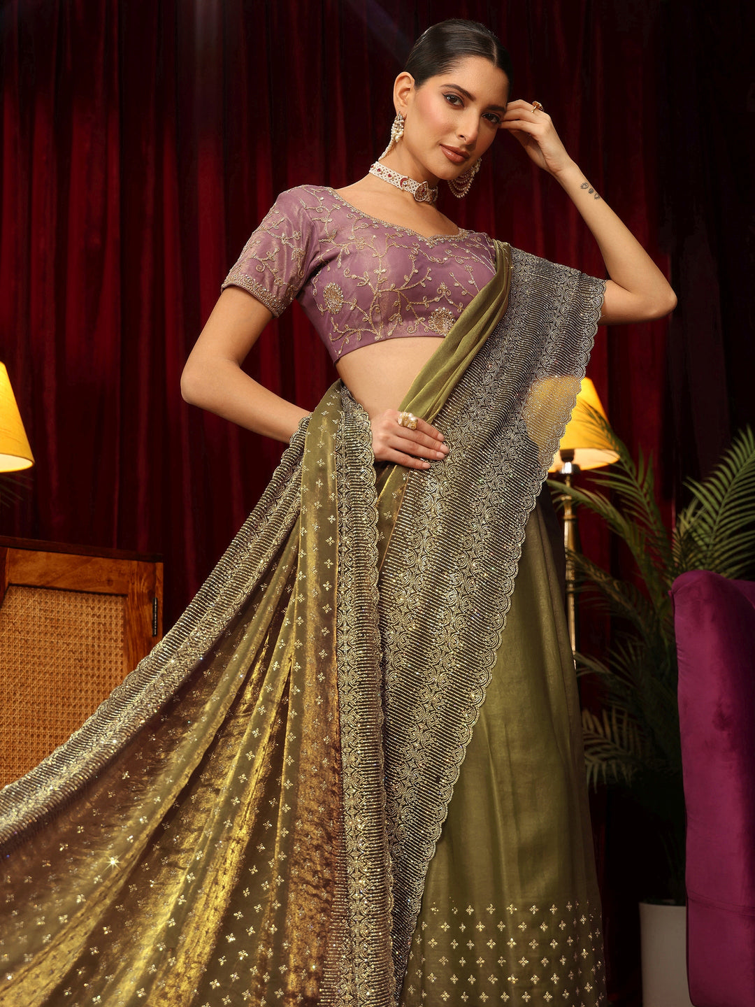 Libas Art Henna Green Stone Work Embellished Tissue Saree