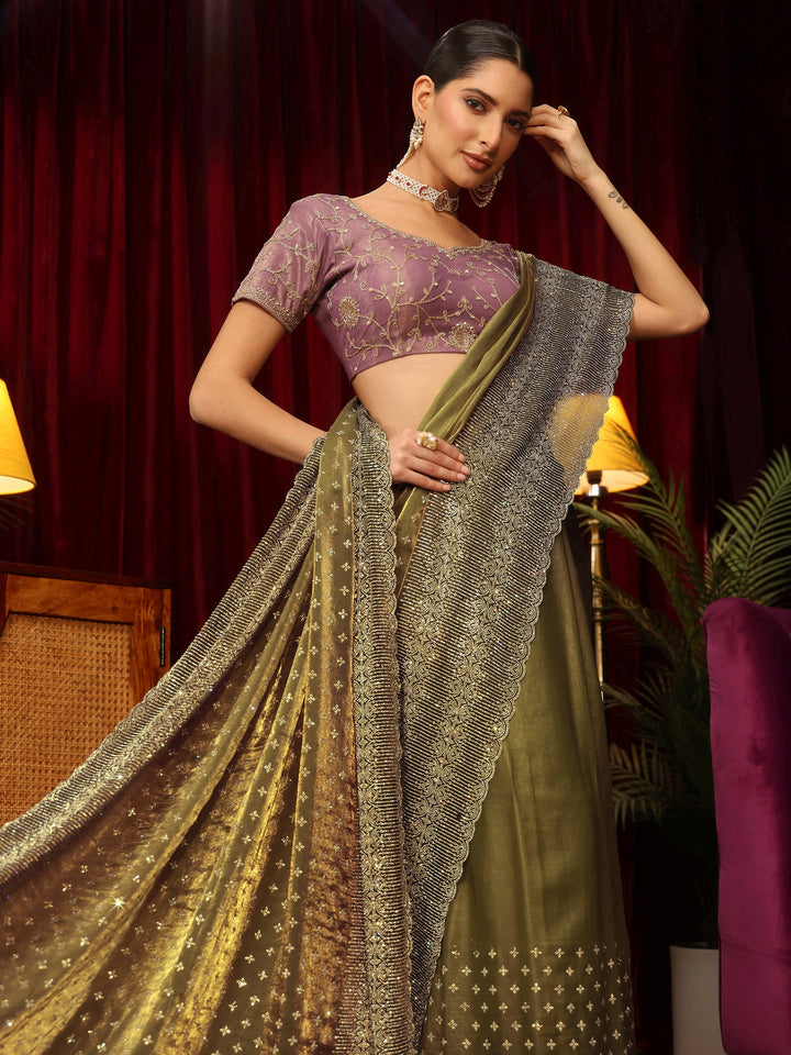 Libas Art Henna Green Stone Work Embellished Tissue Saree