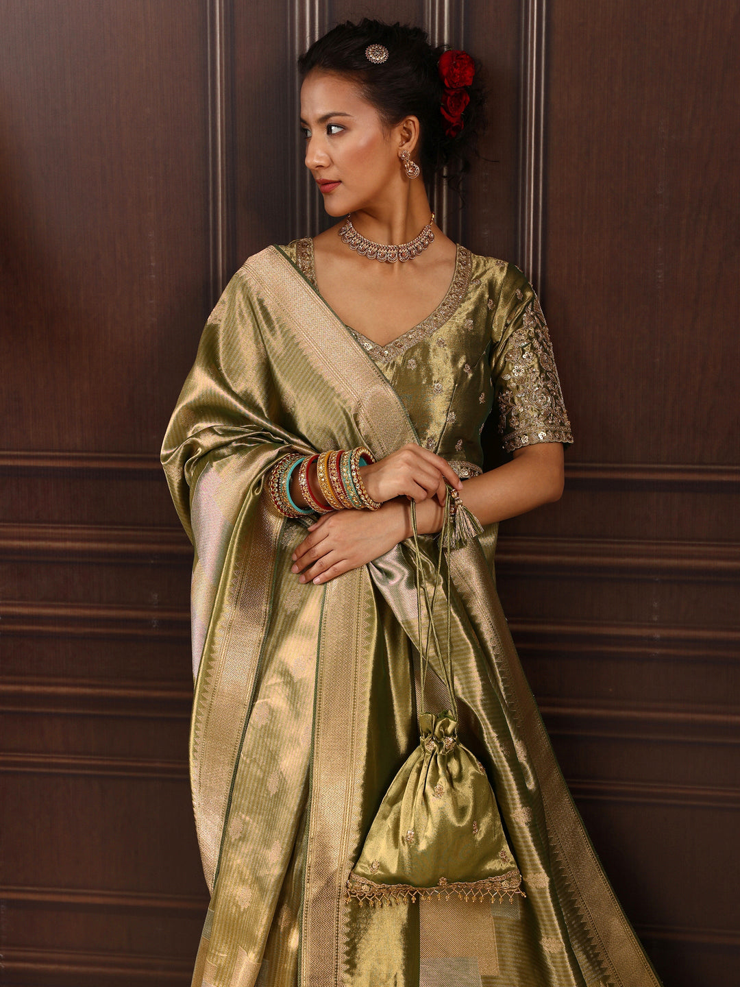 Libas Art Henna Green Woven Design Silk Blend Saree with Potli Bag