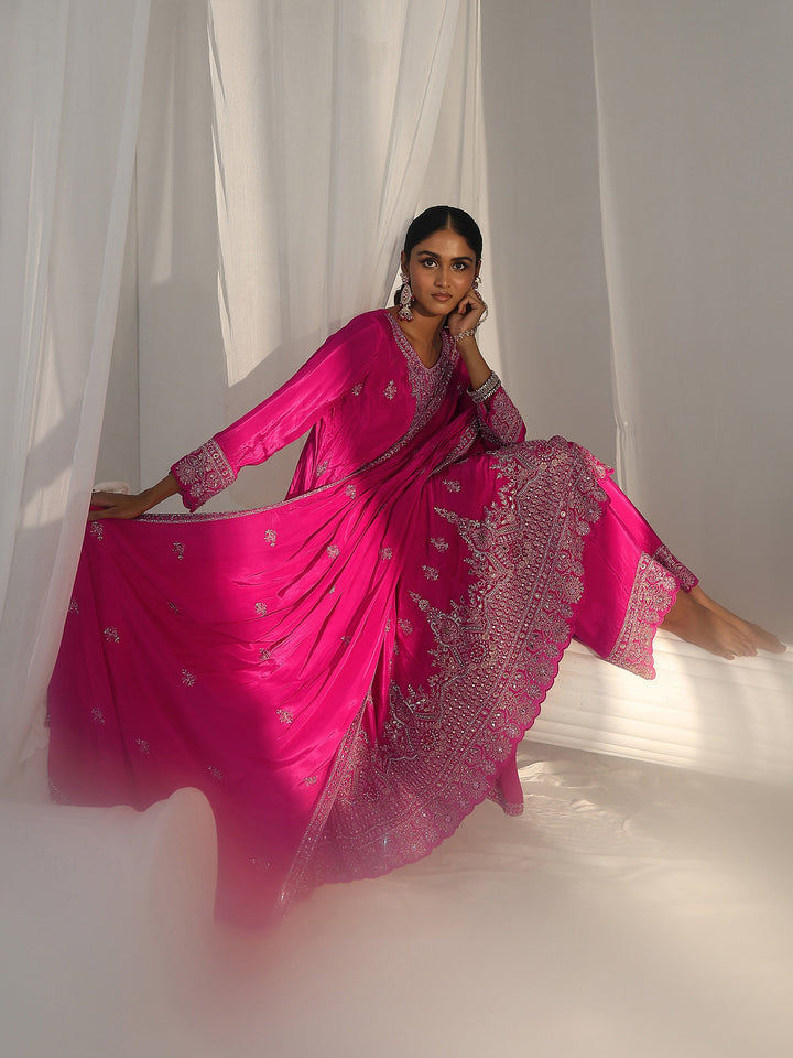 Libas Art Hot Pink Embellished Crepe A Line Suit Set