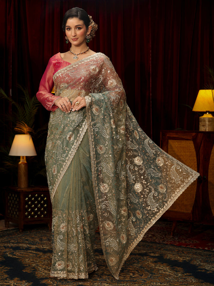 Libas Art Ice Blue Stone Work Embellished Tissue Saree