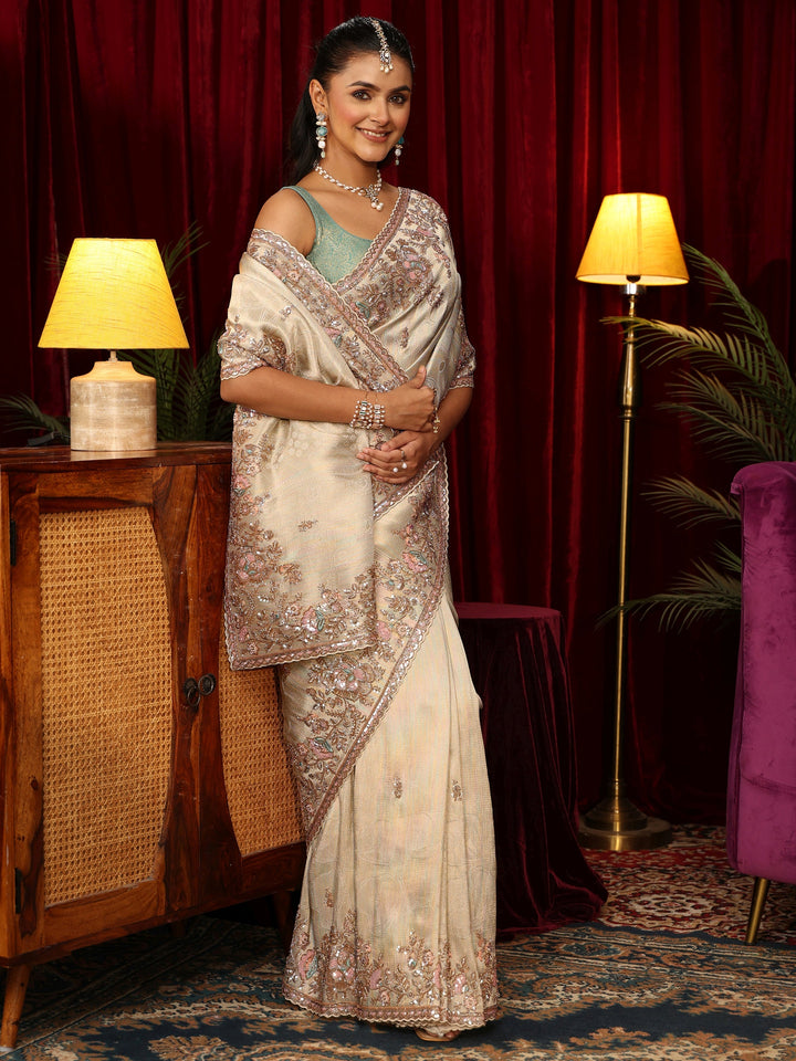 Libas Art Ivory Silk Blend Saree with Embellished Border