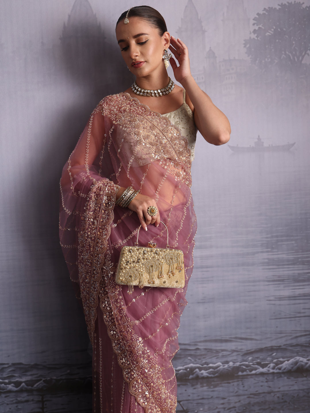 Libas Art Lavender Embellished Net Saree with Scalloped Border