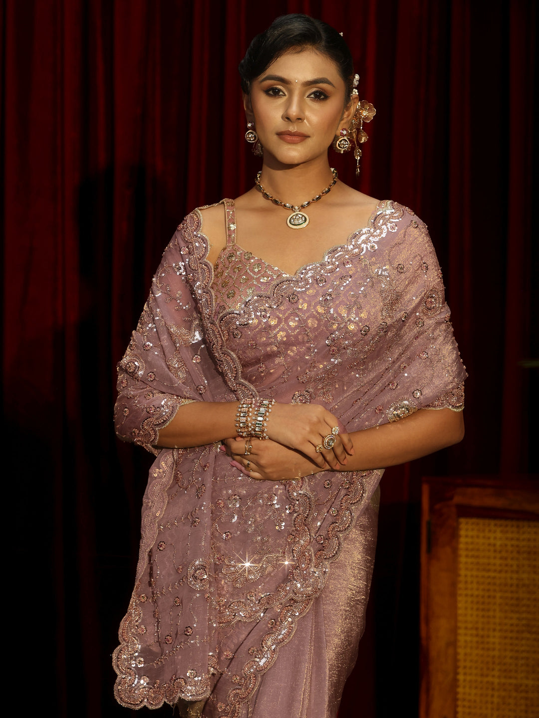 Libas Art Lavender Embellished Tissue Saree
