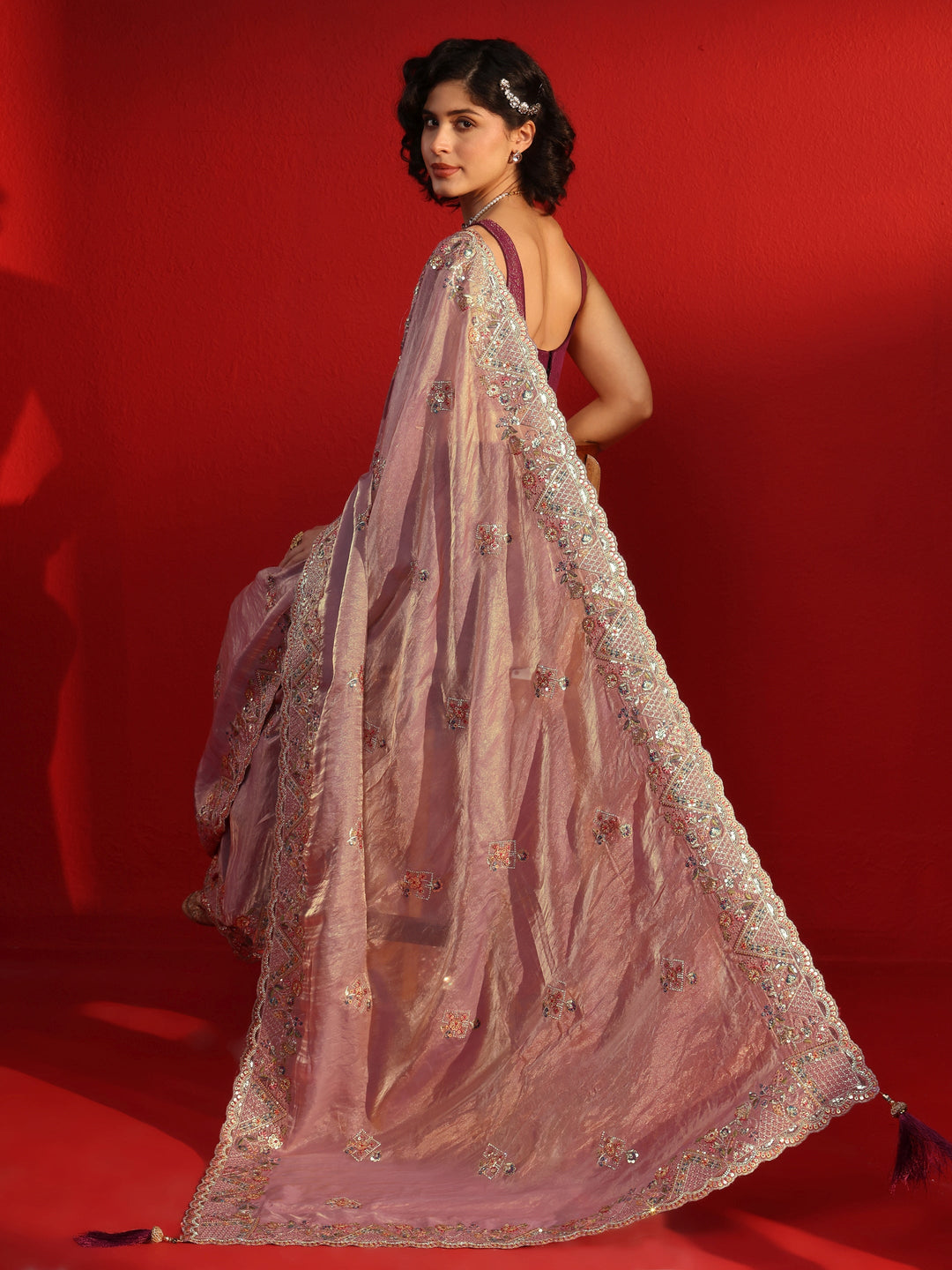 Libas Art Lavender Embroidered Sequinned Tissue Saree