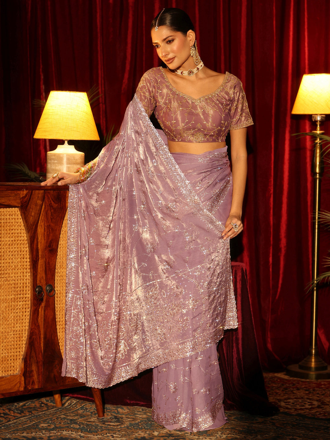 Libas Art Lavender Floral Bead Embellished Tissue Saree