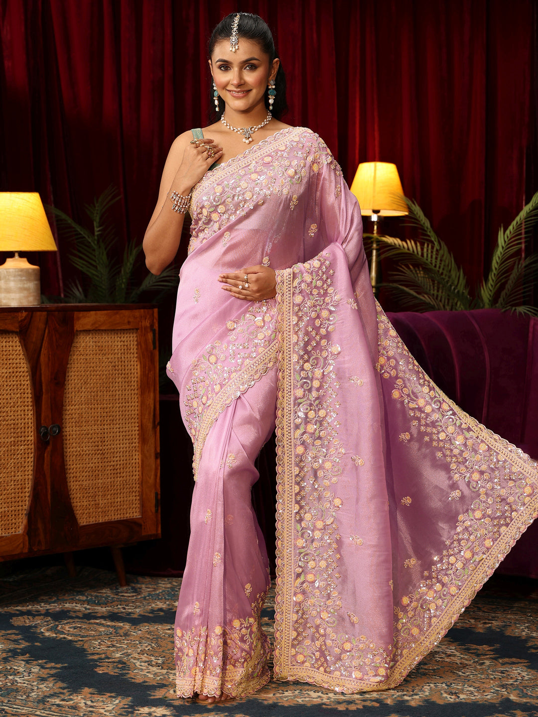 Libas Art Lavender Floral Bead and Sequin Embellished Tissue Saree