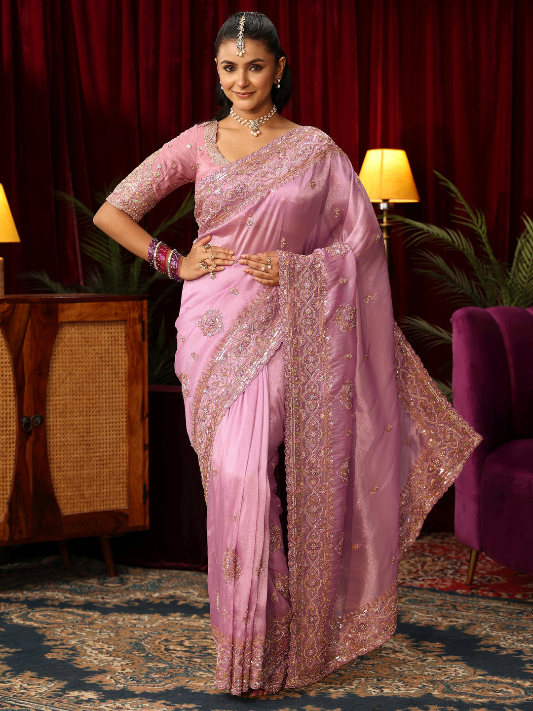 Libas Art Lavender Floral Bead and Sequin Embellished Tissue Saree