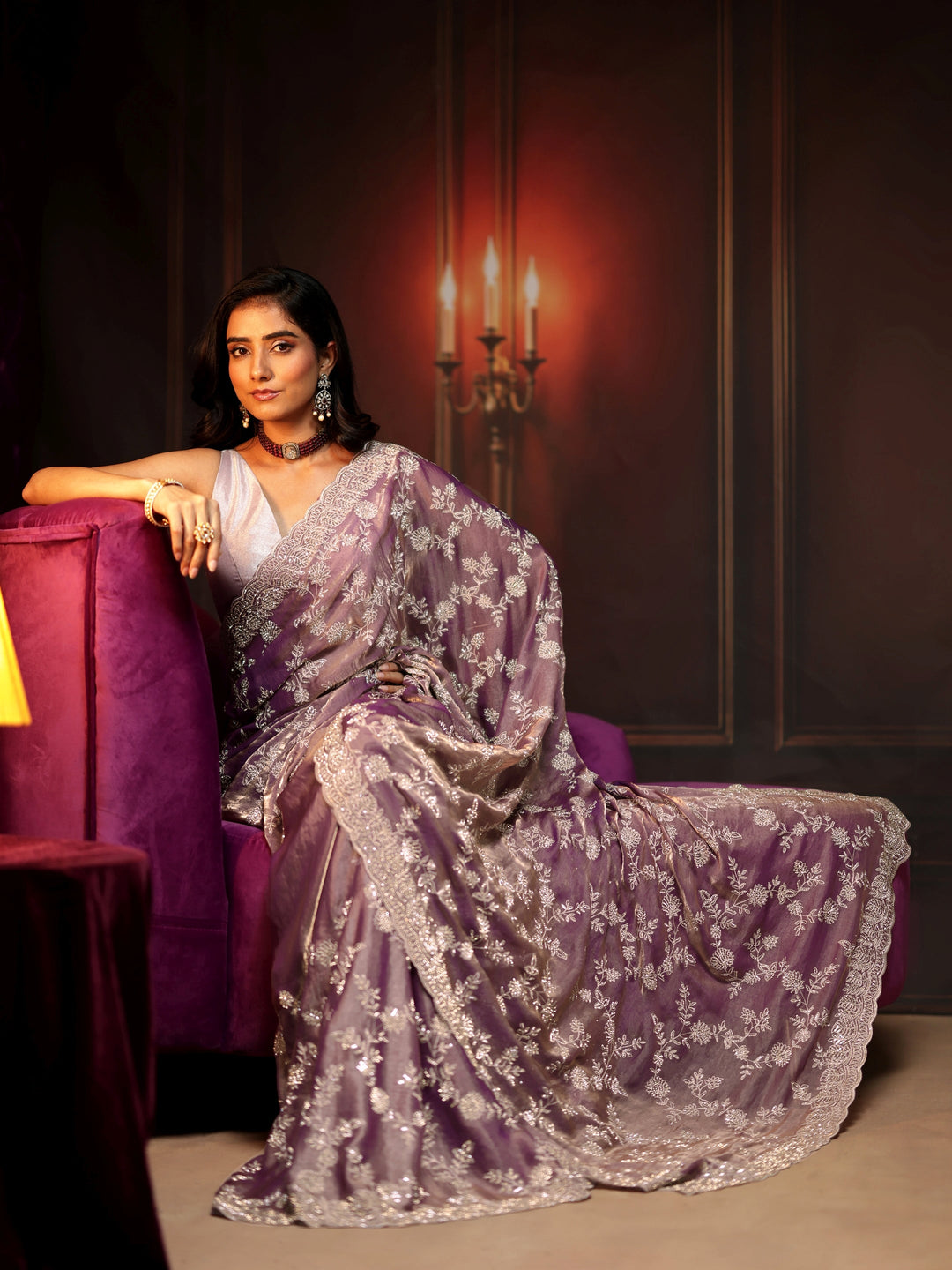 Libas Art Lavender Floral Embellished Tissue Saree