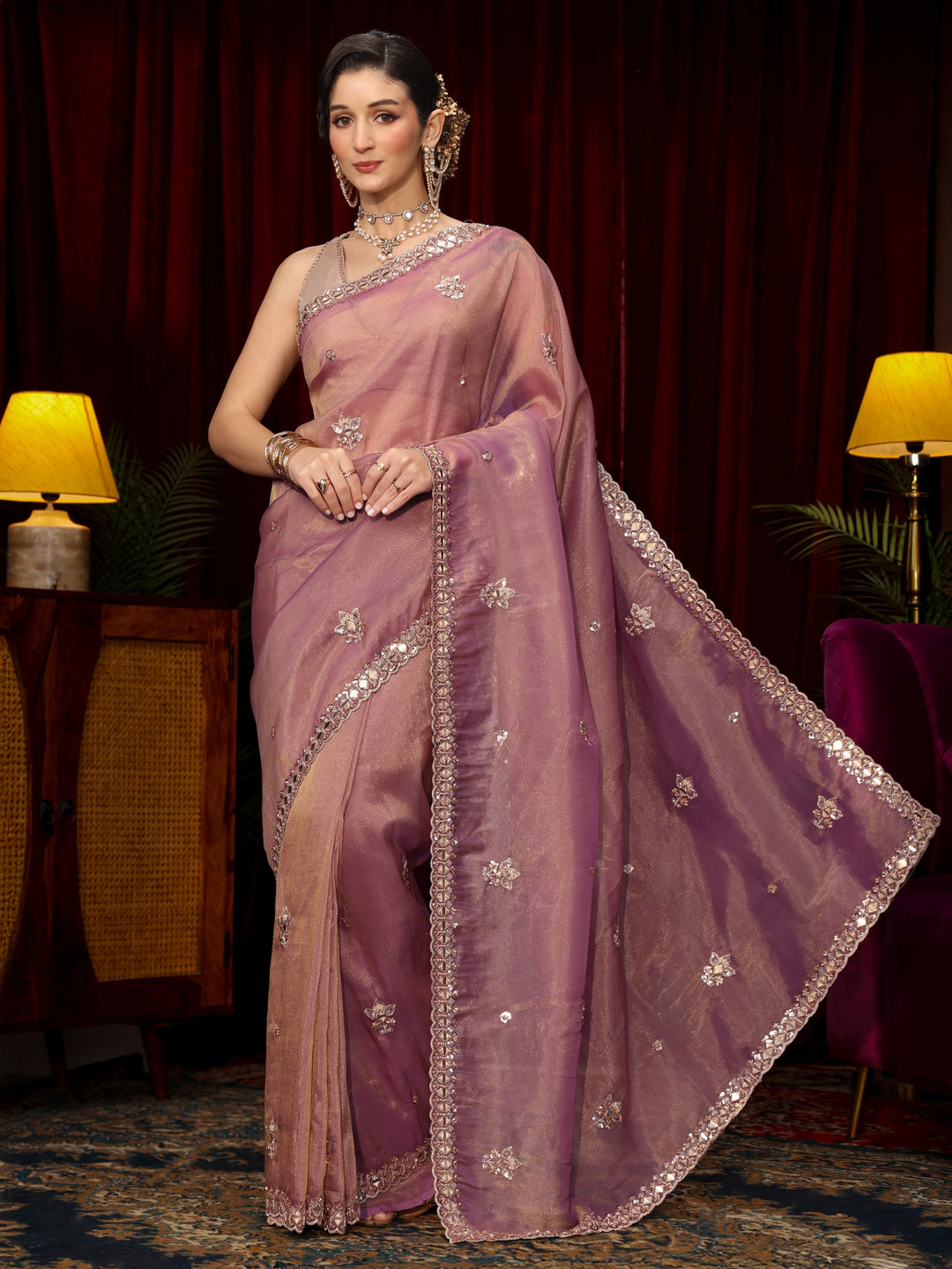 Libas Art Lavender Floral Embellished Tissue Saree