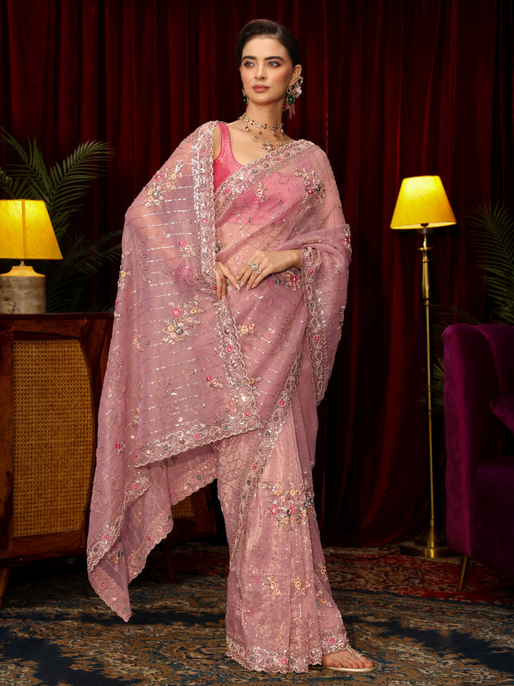 Libas Art Lavender Floral Embellished Tissue Saree