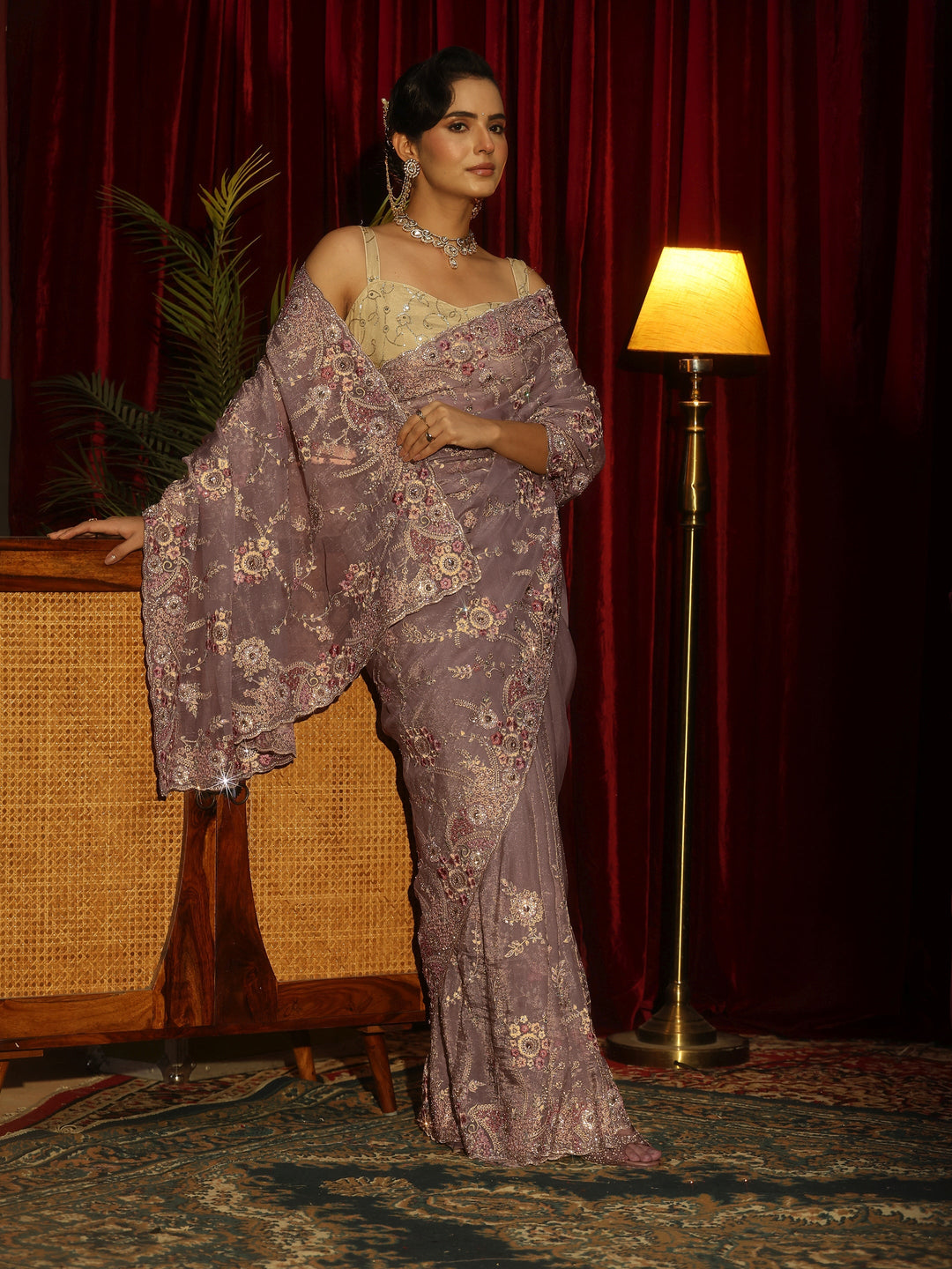 Libas Art Lavender Floral Embroidered Tissue Saree