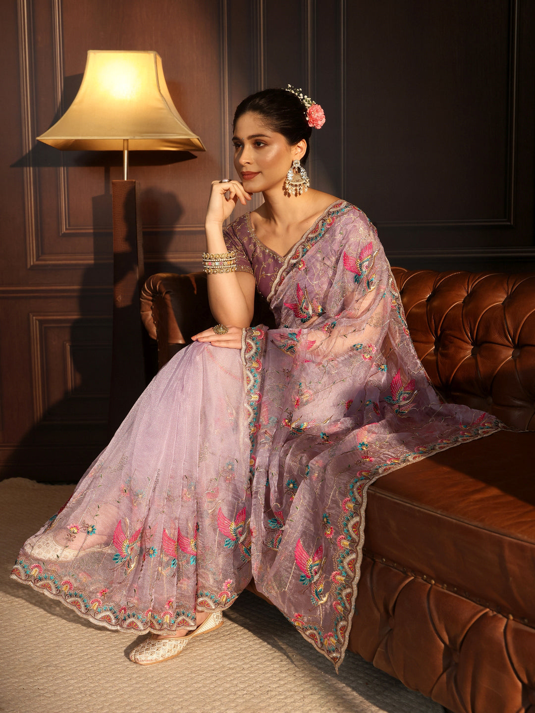 Libas Art Lavender Floral Embroidered Tissue Saree