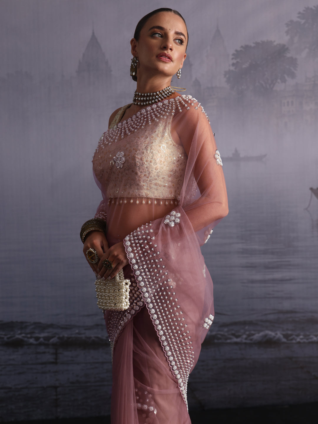 Libas Art Lavender Floral Sequin Embellished Net Saree