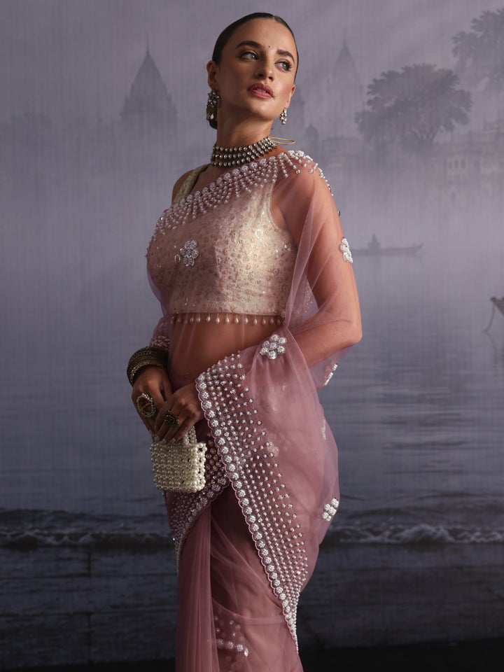 Libas Art Lavender Floral Sequin Embellished Net Saree