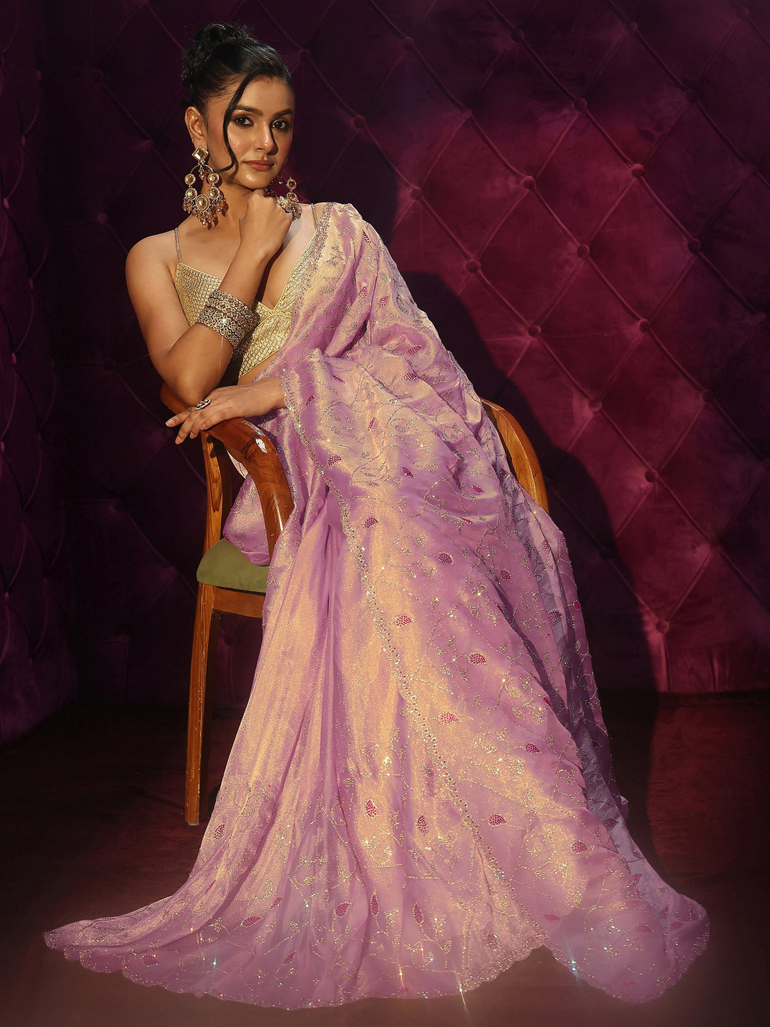 Libas Art Lavender Floral Stone Work Embellished Tissue Saree
