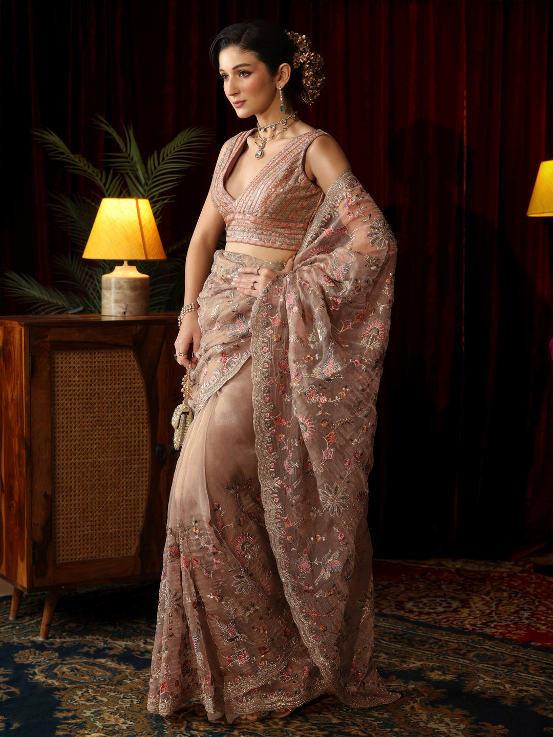 Libas Art Lavender Floral Stone Work Embellished Tissue Saree