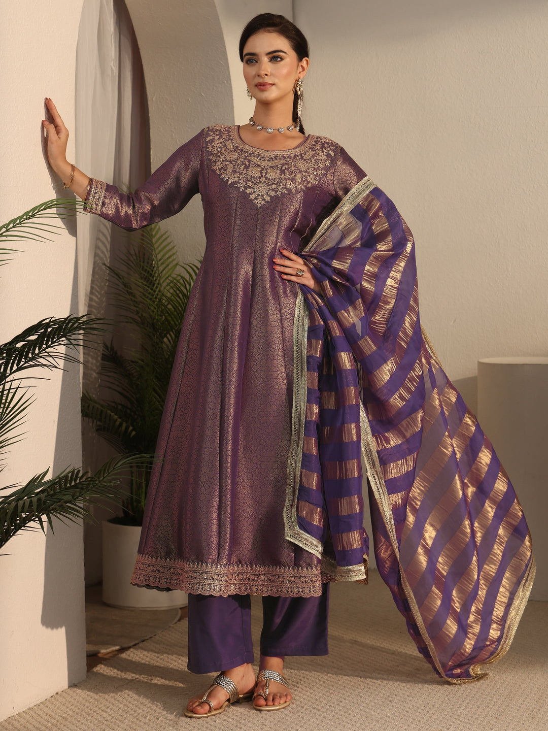 Libas Art Lavender Floral Woven Design Silk Blend A-Line Suit Set