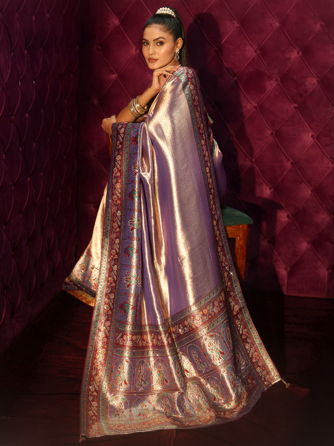 Libas Art Lavender Mughal Woven Design Silk Blend Saree with Stone Work