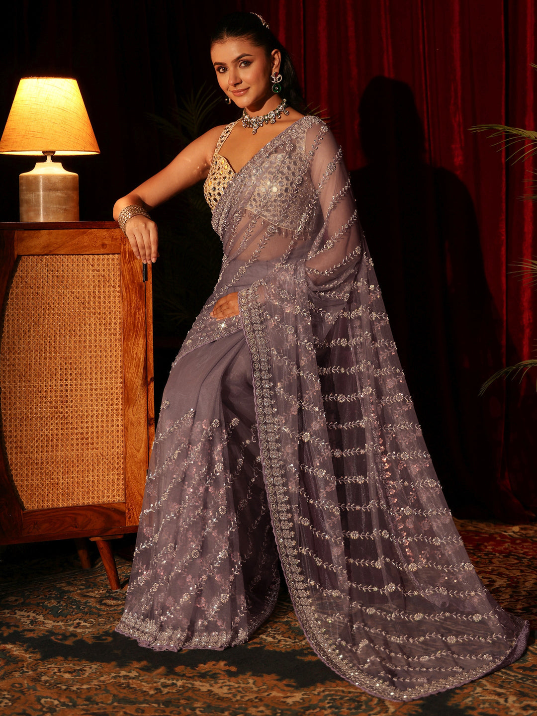 Libas Art Lavender Sequin Embellished Net Saree
