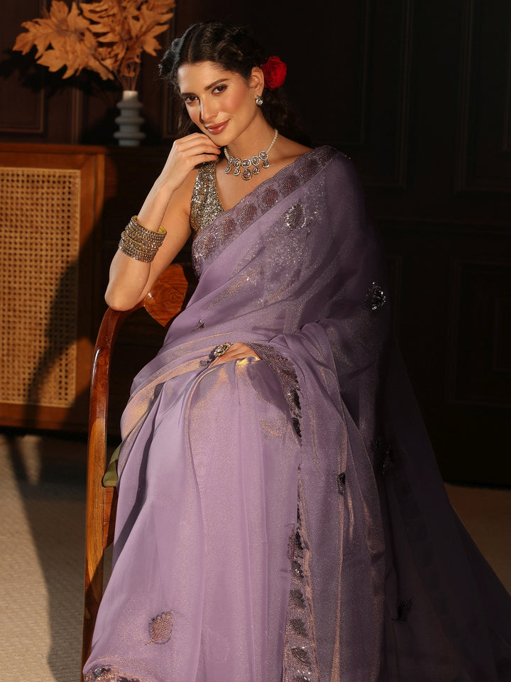 Libas Art Lavender Sequin Embellished Tissue Saree