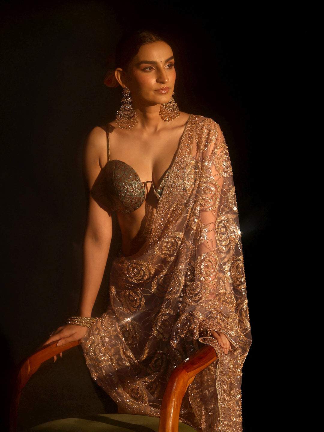 Libas Art Lavender Sequinned Rosette Design Net Saree