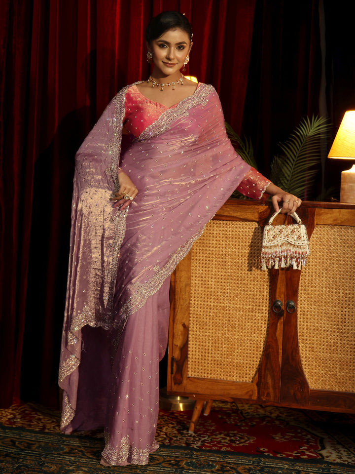 Libas Art Lavender Stone Work Embellished Tissue Saree