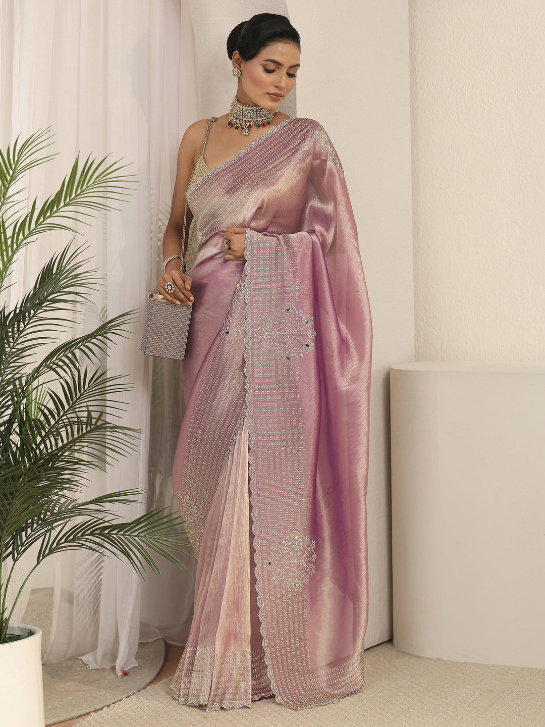 Libas Art Lavender Stone Work Embellished Tissue Saree