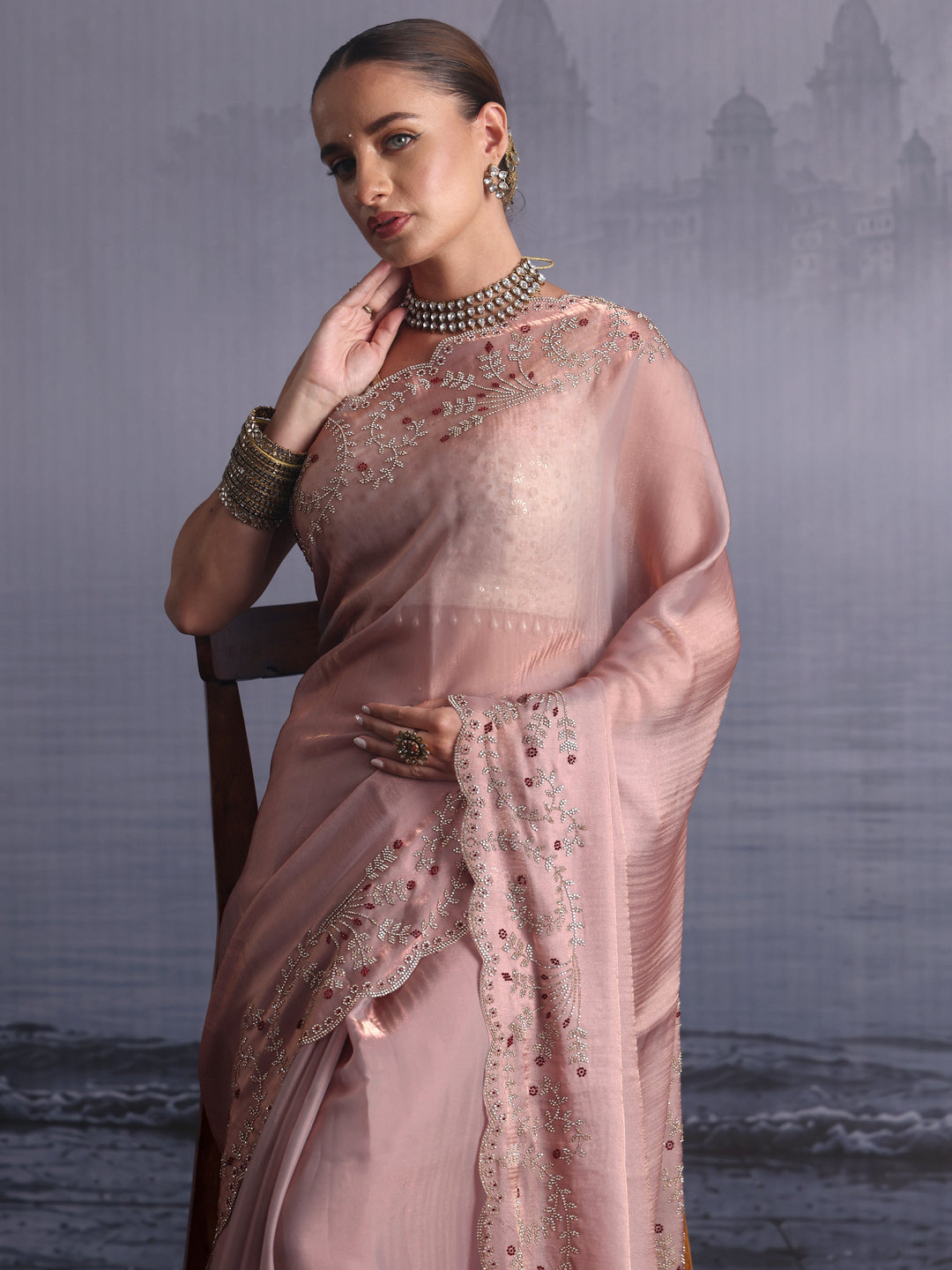 Libas Art Lavender Tissue Saree with Embellished Scalloped Border