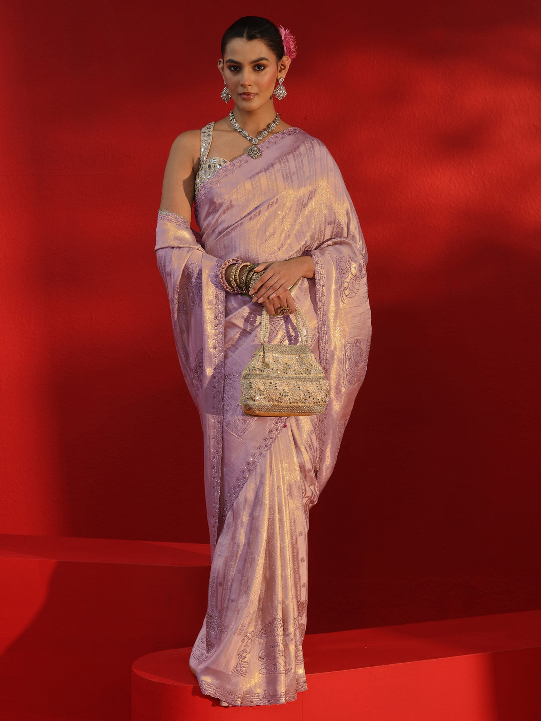 Libas Art Lavender Woven Design Silk Blend Saree with Embellished Border