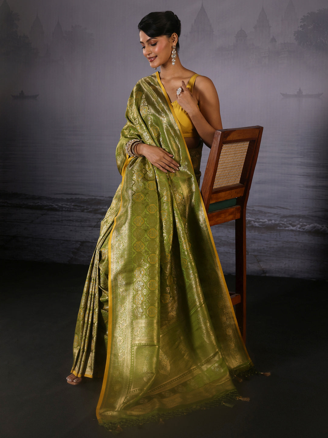 Libas Art Lemon Green Woven Design Silk Blend Saree