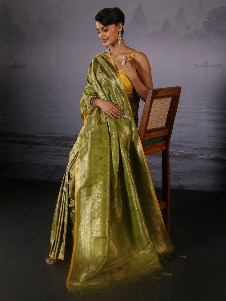 Libas Art Lemon Green Woven Design Silk Blend Saree
