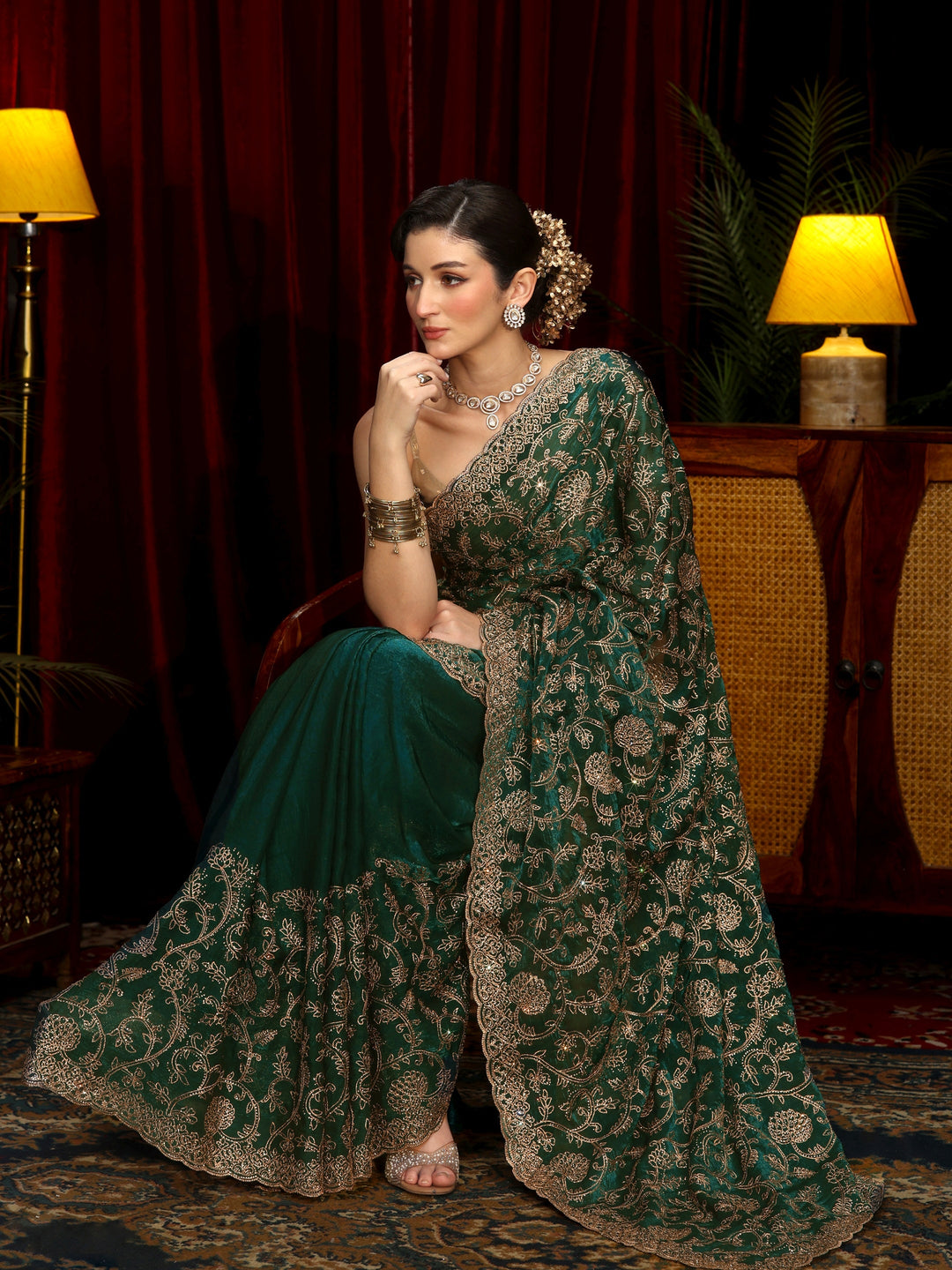 Libas Art Libs Art Sacramento Green Floral Zari Embroidered Tissue Saree