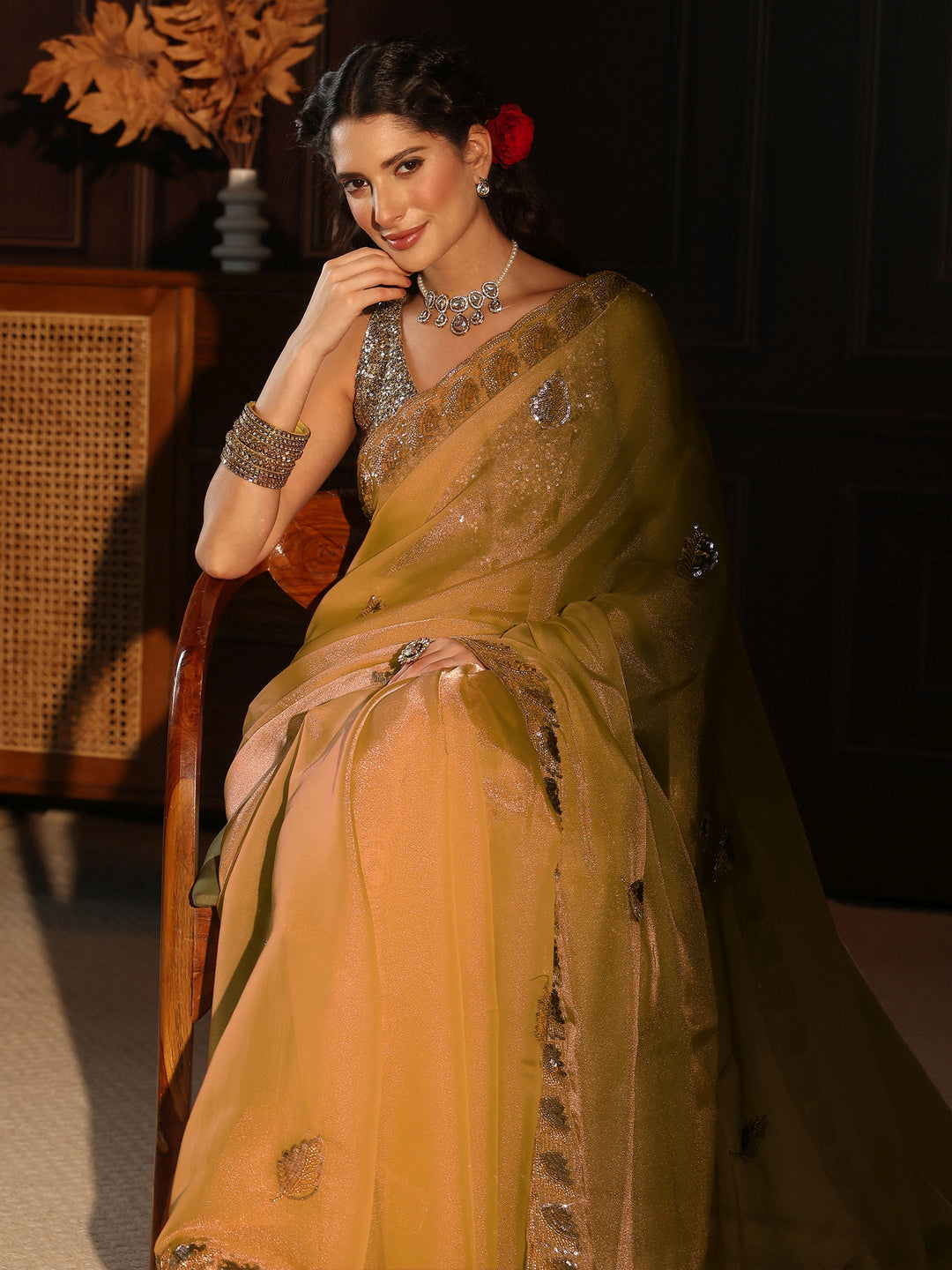 Libas Art Light Green Sequin Embellished Tissue Saree