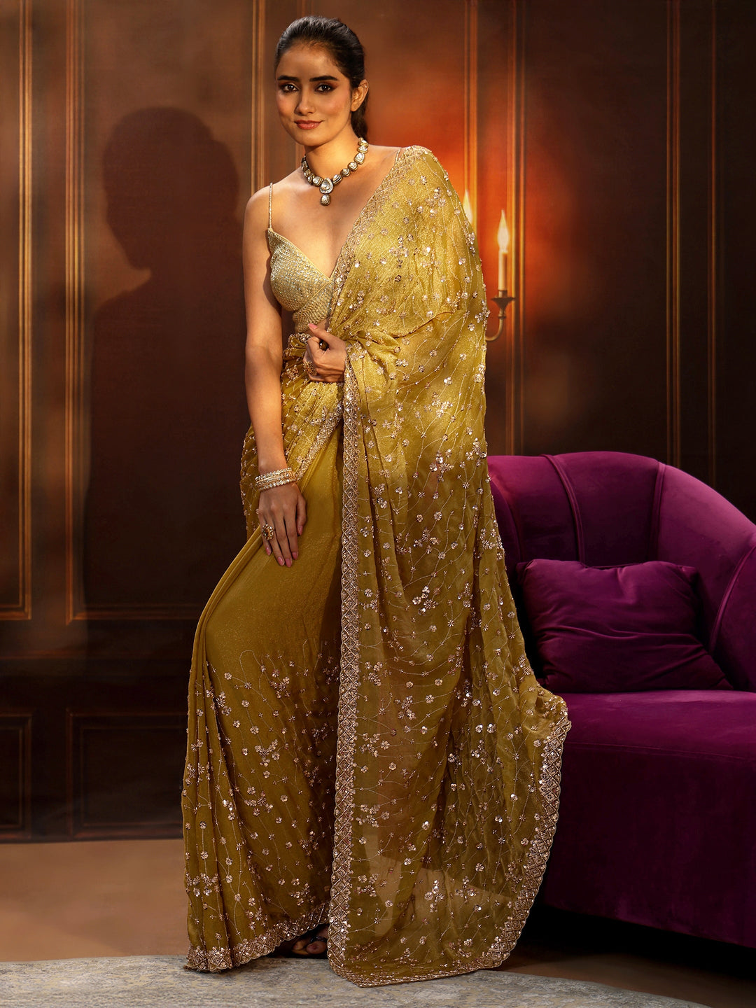 Libas Art Light Henna Green Embellished Tissue Saree