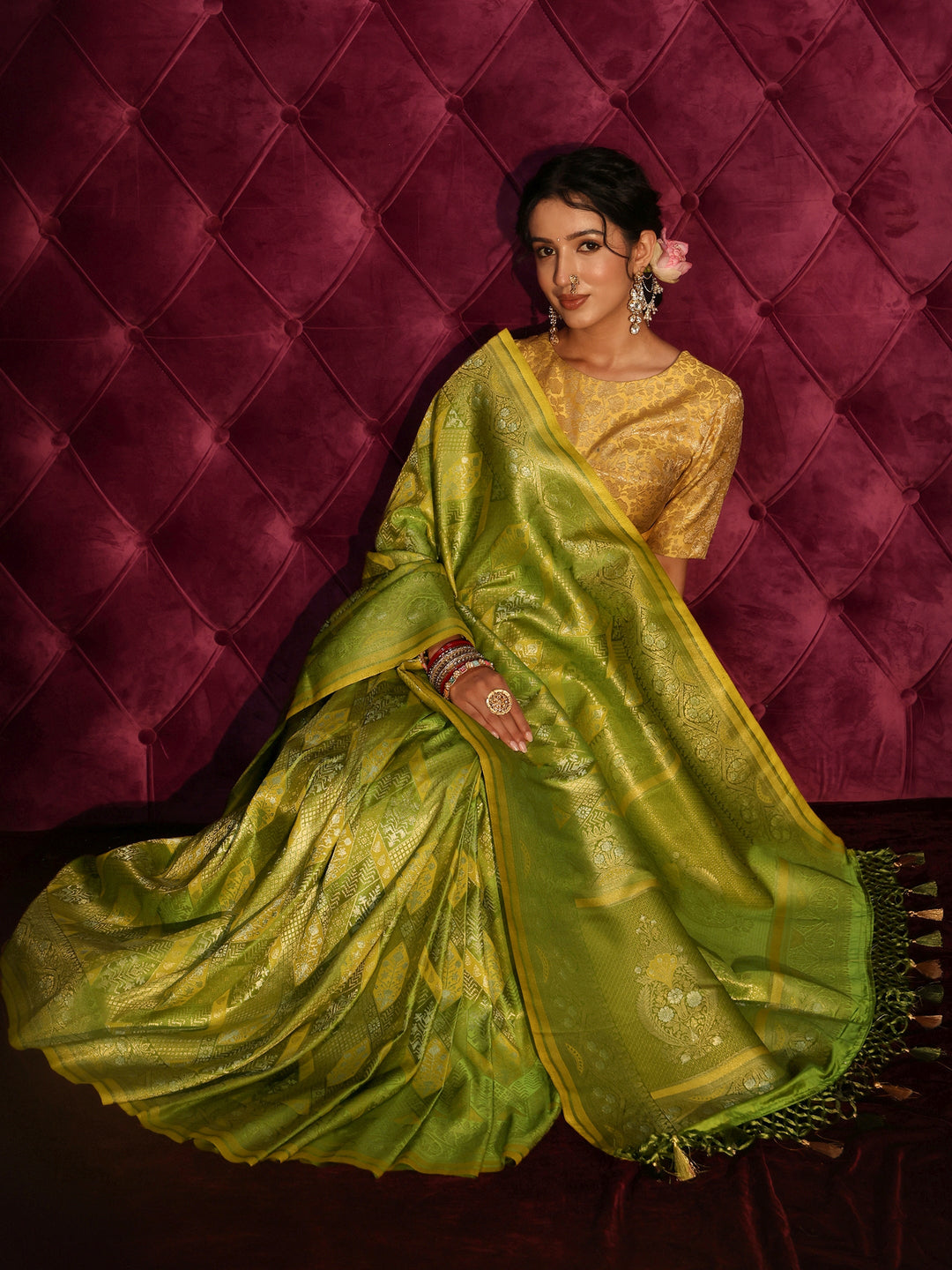 Libas Art Lime Green Ethnic Woven Design Silk Blend Tassel Saree