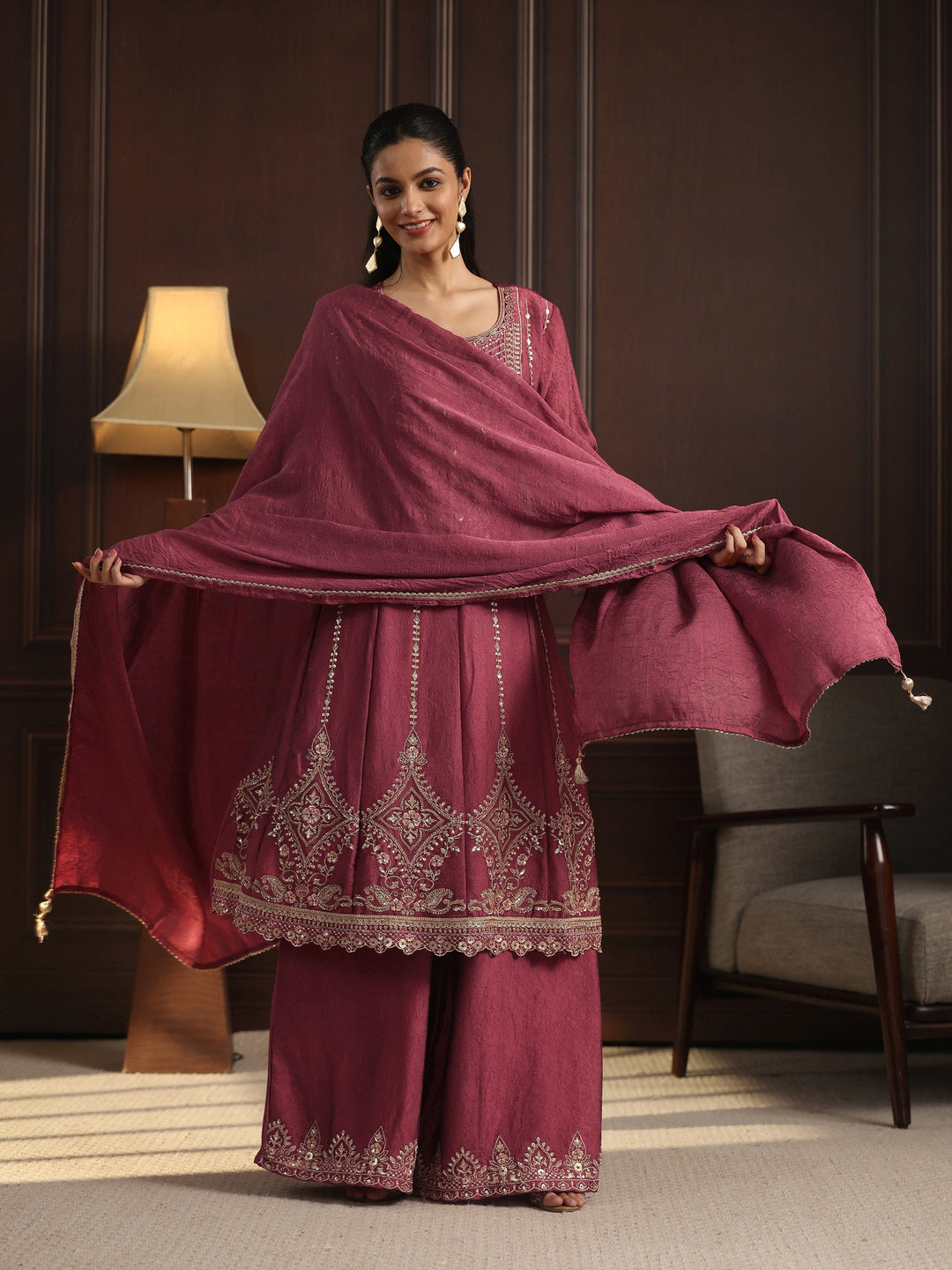 Libas Art Magenta Floral Embroidered Tissue Palazzo Suit Set