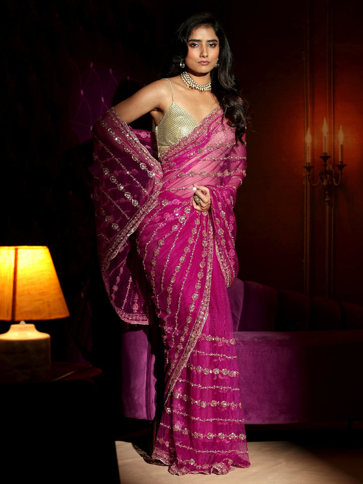 Libas Art Magenta Pink Embellished Net Saree