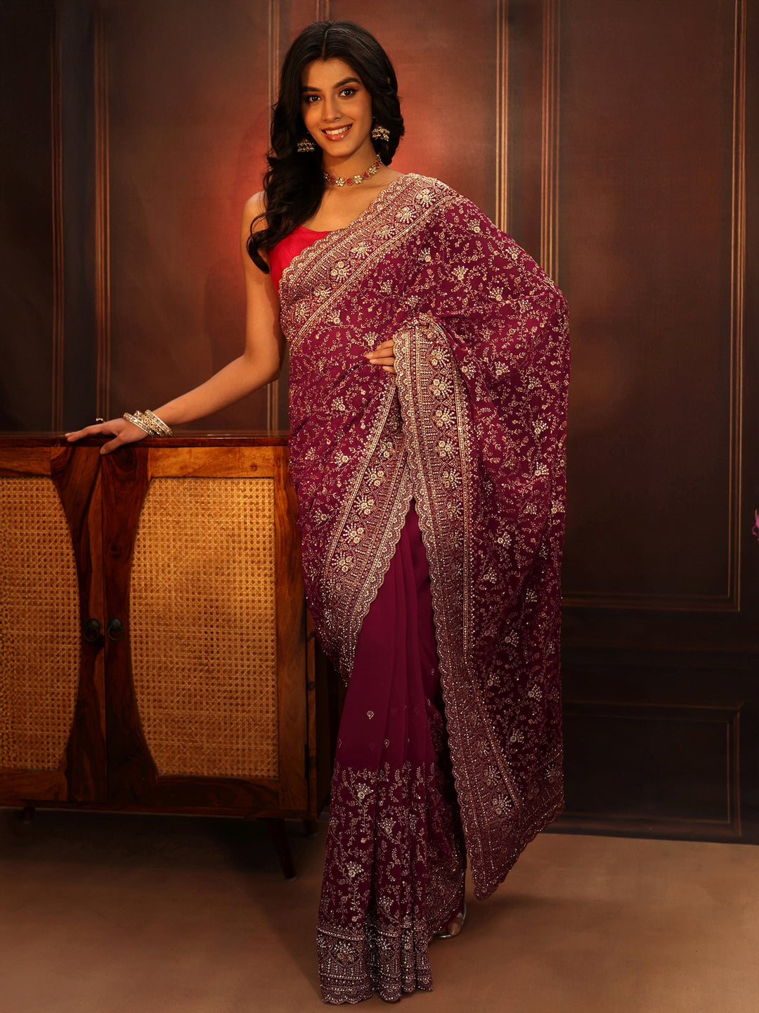 Libas Art Magenta Pink Floral Embroidered Georgette Saree